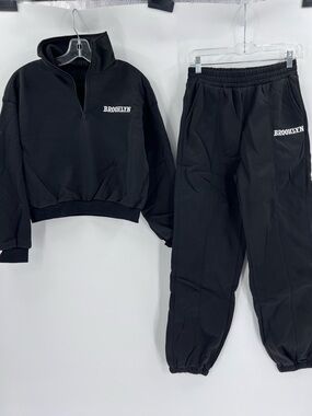 Temu Brooklyn Black 2-Piece Sweat Set - Half Zip Top & Joggers